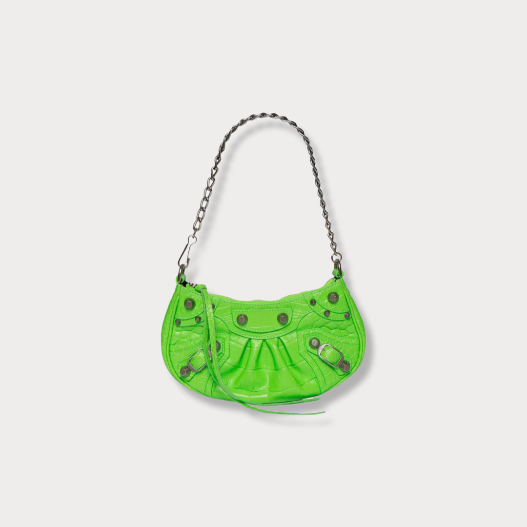 Balenciaga Women's Le Cagole Mini Bag With Chain Crocodile Embossed Bright  Green
