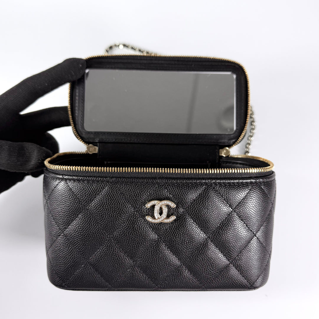 Chanel 25B Crystal Embellished CC Caviar Vanity Case On Chain