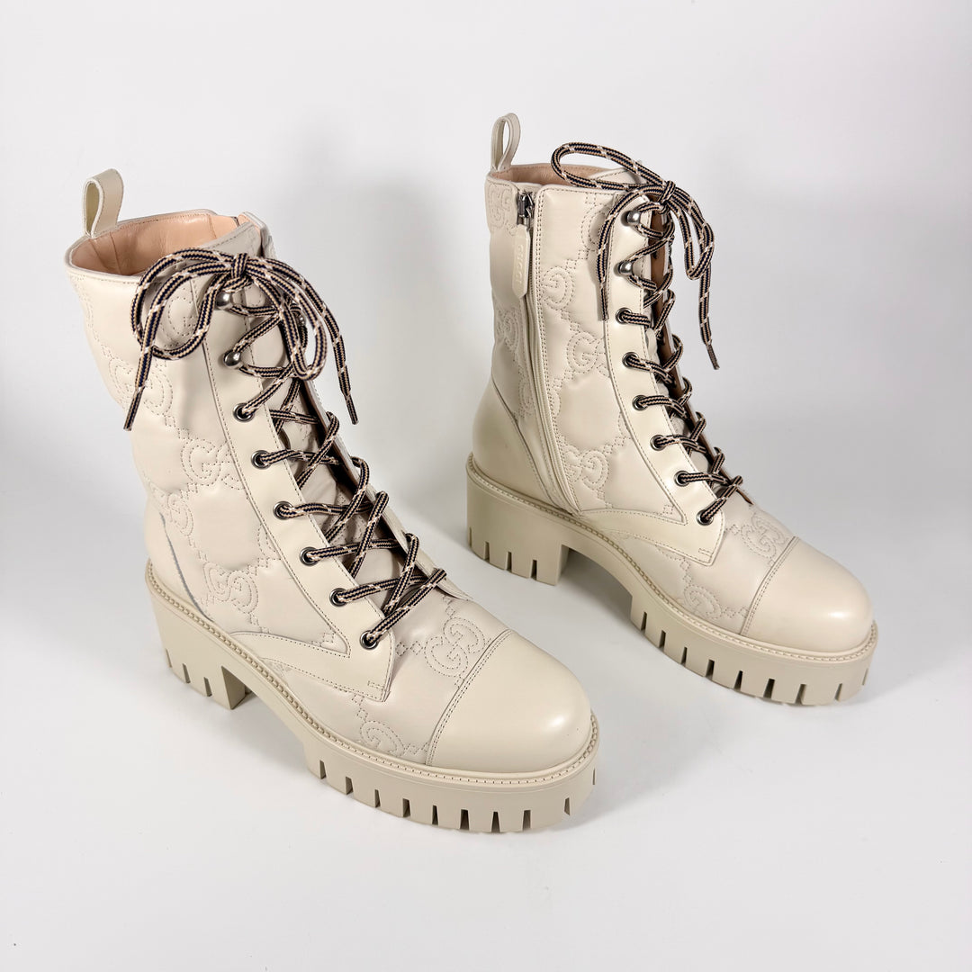 Gucci Cordovan Lux Nappa GG Matelasse Lace Up Combat Boot - Women’s 11