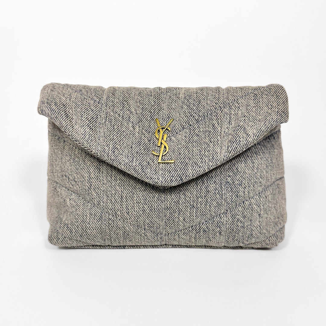 Saint Laurent Denim Quilted Loulou Puffer Pouch Clutch