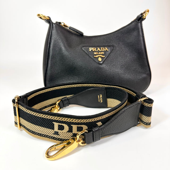 Prada Logo Strap Grained Calfskin Crossbody Bag