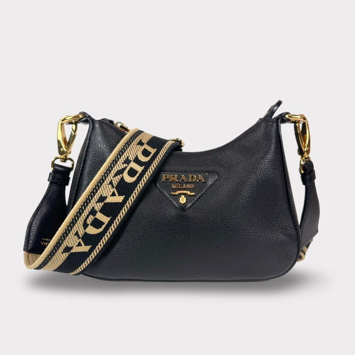 Prada Logo Strap Grained Calfskin Crossbody Bag