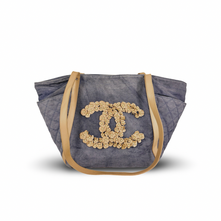 Chanel Quilted Denim Lambskin CC Camellia Tote