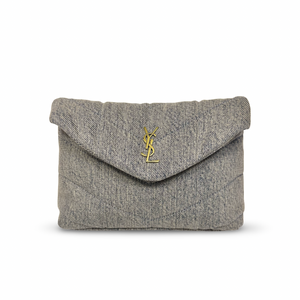 Saint Laurent Denim Quilted Loulou Puffer Pouch Clutch