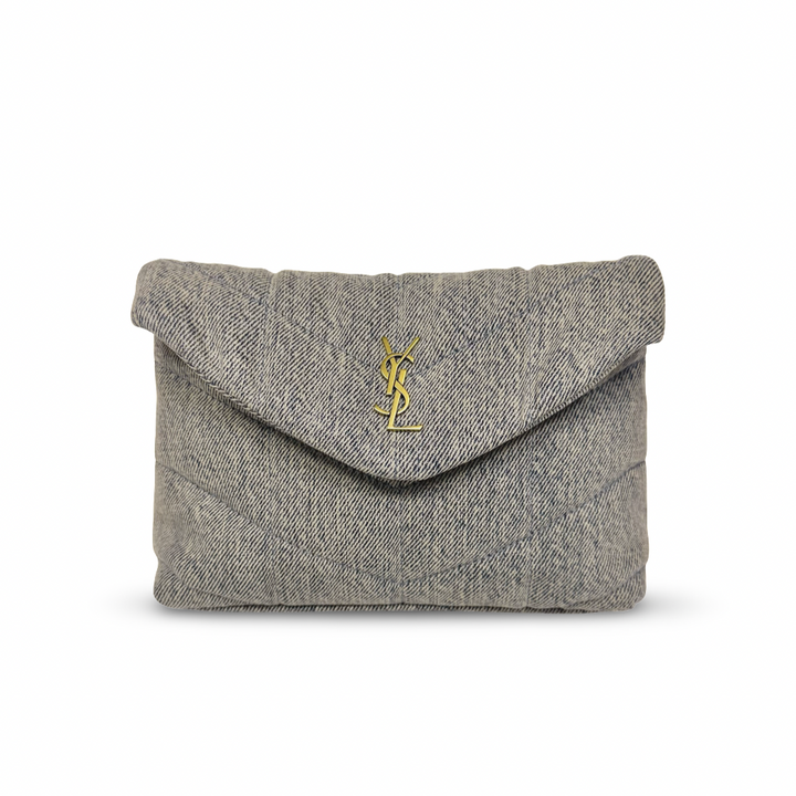 Saint Laurent Denim Quilted Loulou Puffer Pouch Clutch