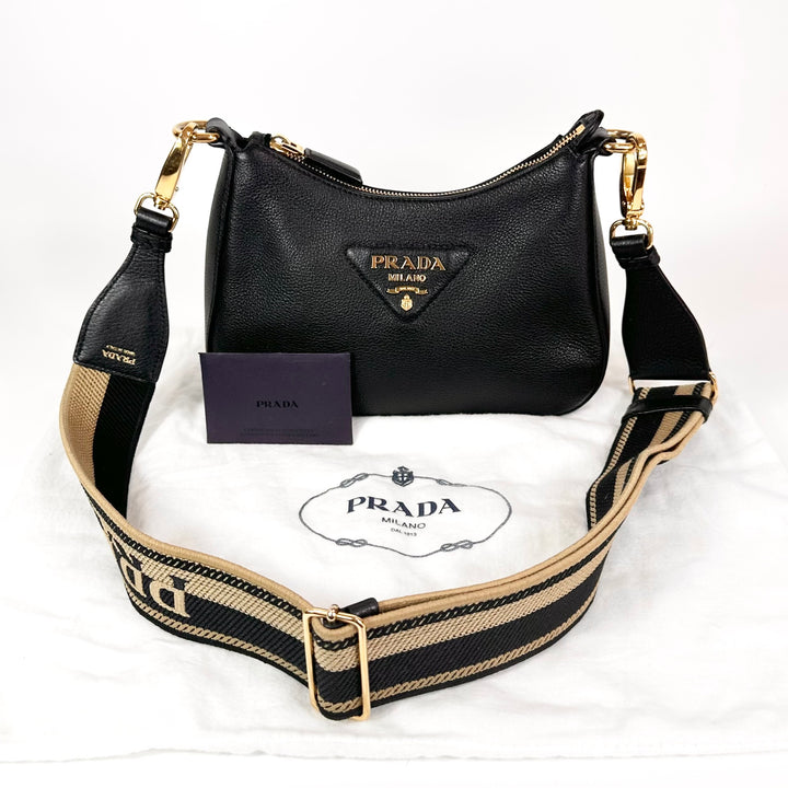 Prada Logo Strap Grained Calfskin Crossbody Bag