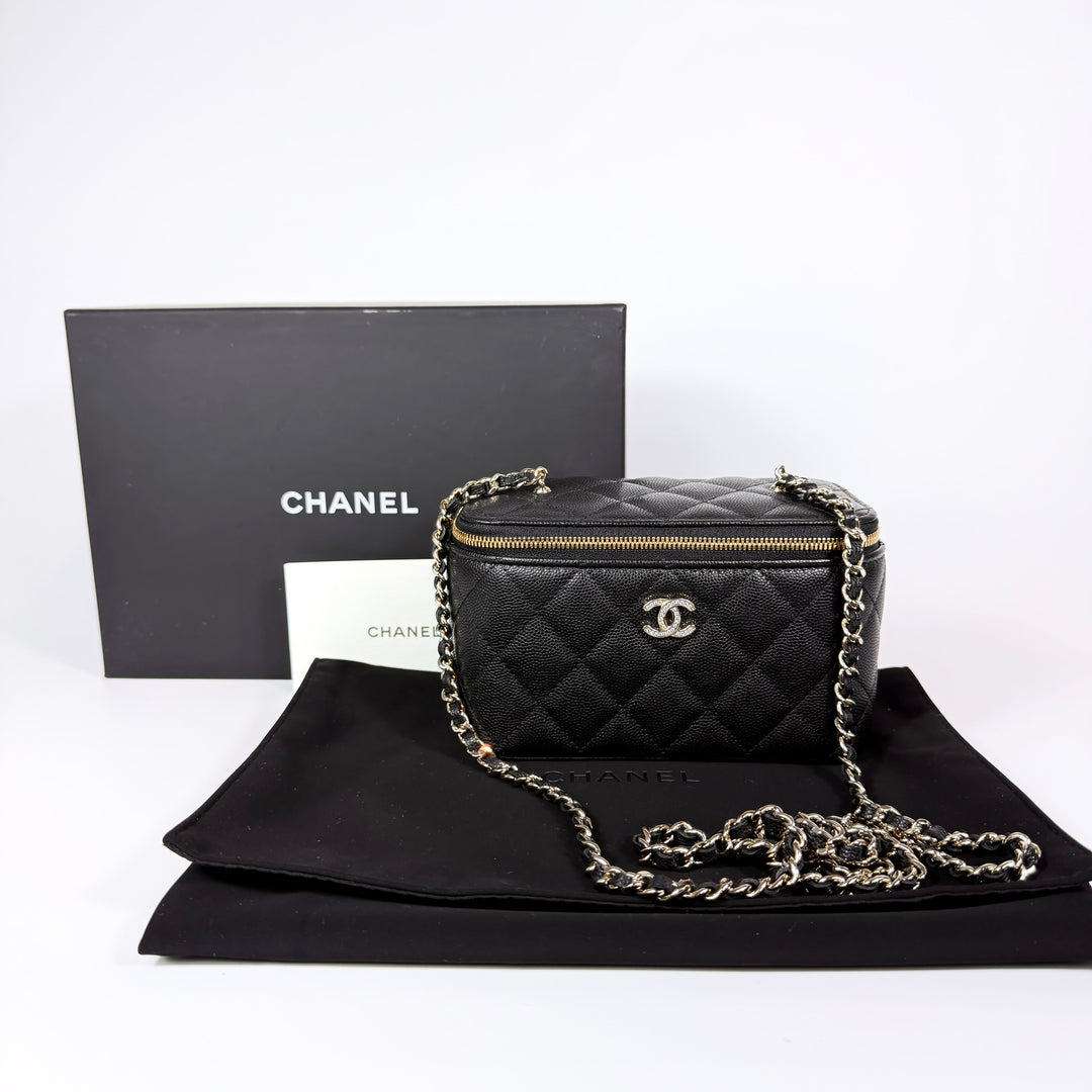 Chanel 25B Crystal Embellished CC Caviar Vanity Case On Chain