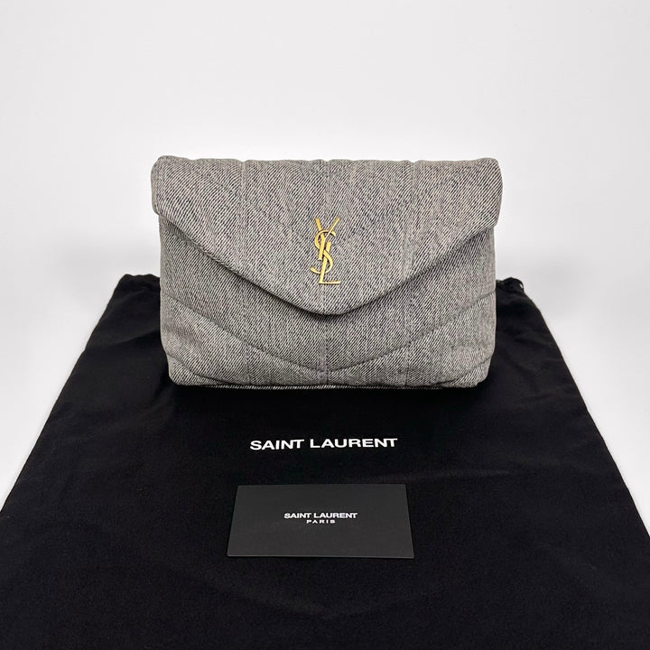 Saint Laurent Denim Quilted Loulou Puffer Pouch Clutch