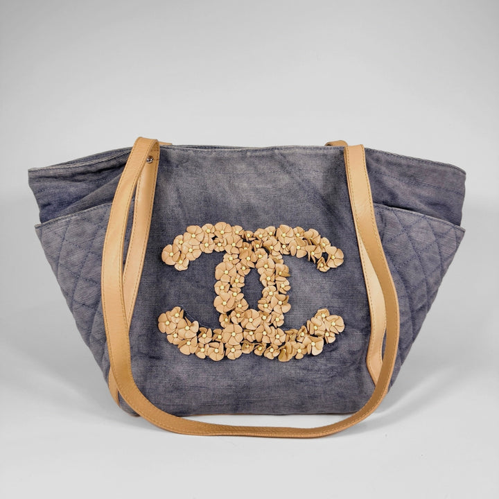 Chanel Quilted Denim Lambskin CC Camellia Tote