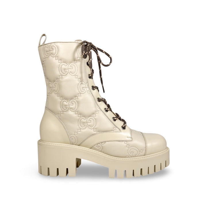 Gucci Cordovan Lux Nappa GG Matelasse Lace Up Combat Boot - Women’s 10