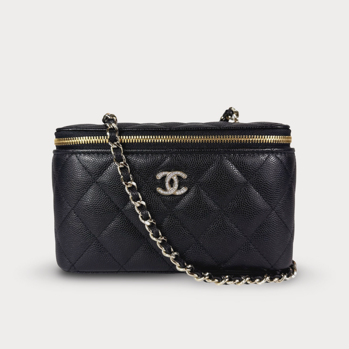 Chanel 25B Crystal Embellished CC Caviar Vanity Case On Chain