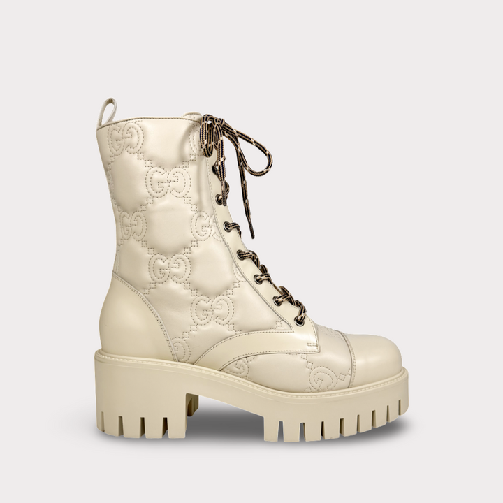 Gucci Cordovan Lux Nappa GG Matelasse Lace Up Combat Boot - Women’s 11