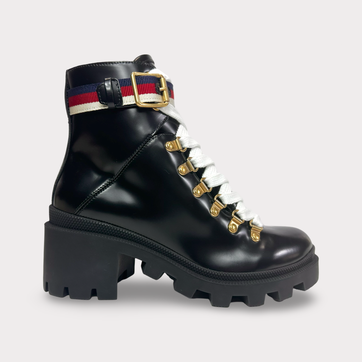 Gucci Sylvie Web Calfskin Combat Boot - Women’s 6.5